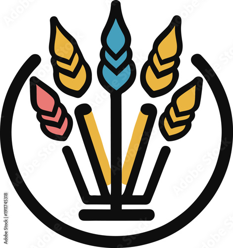 Minimal wheat bundle vector icon, bold black outline, 3 solid colors, symmetrical design, no shadow 2