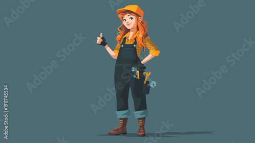 A cartoon of a female worker with red hair giving a thumbs up. She wears work clothes with tools