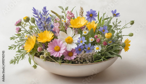 Fresh spring flower bouquet in a shallow vase with watercolor illustration.
