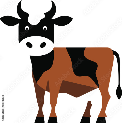 Minimal flat vector illustration of a cow, bold black outline, 4 solid colors, simple geometric body shape, no gradient, no shadow, isolated on white background, SVG style, stock vector