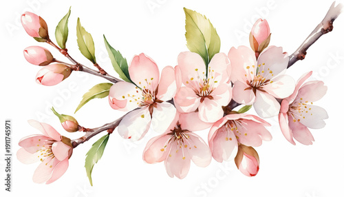 Watercolor illustration: a delicate sakura branch with delicate pink flowers and small buds on a pure white background