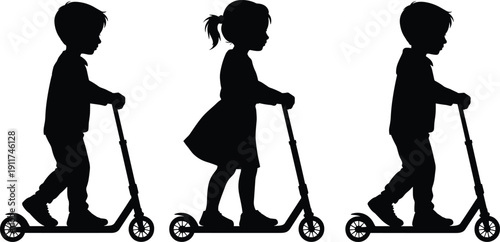 Kids riding scooter silhouette set, boy and girl children push kick scooter outdoor activity concept isolated on white background illustration
