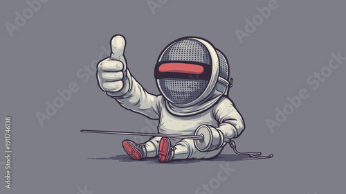 A cartoon fencer sits, giving a thumbs-up, wearing fencing gear, with a foil resting on the ground
