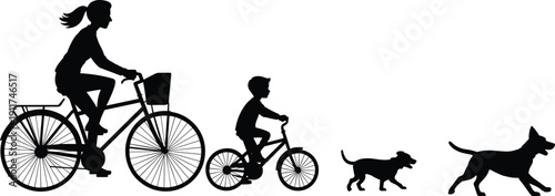Mother and child riding bicycles with running dogs silhouette, family outdoor cycling activity and pet walking concept isolated on white background