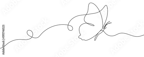 Butterfly in line art style. Minimalist drawing of an insect with spread wings, made in a single continuous line. Vector illustration.