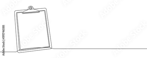 Clipboard in line art style. Minimalist drawing of office stationery for papers, made in a single continuous line. Vector illustration.