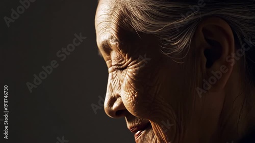 Older woman with closed eyes in reflective thought, showing wisdom and peacefulness, dramatic light