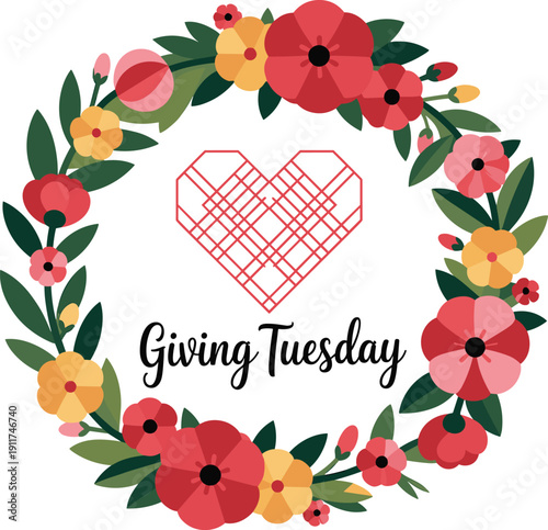 Giving Tuesday floral wreath illustration, charity symbol artwork, generosity vector design, heart graphic pack, donation icon collection, colorful celebration sketch