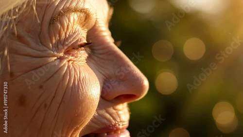 Detailed close up profile of a senior woman with wrinkled skin enjoying golden sunlight outdoors