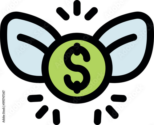 Green dollar coin with wings flying away, representing inflation, financial loss, money transfer, and economic challenges