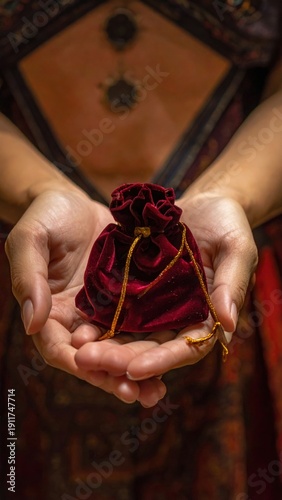 Close Up Of Hands Holding A Small Red Velvet Pouch With Gold Drawstring Detailed Patterned Fabric Background Soft Lighting