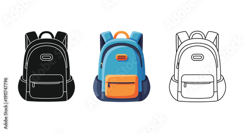 Set of three backpack illustrations in silhouette, color, and outline