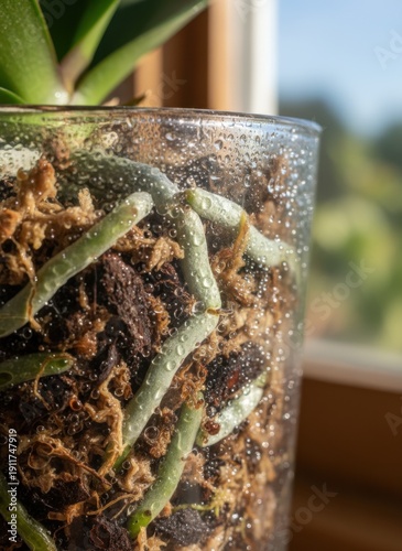Close up of healthy orchid roots in a clear glass vase with moss and water droplets near a window with soft natural light illuminating the plant and blurred green foliage background