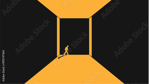 Person pushing wheel through abstract geometric corridor