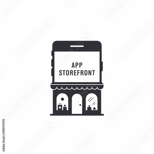 Mobile smartphone with retail shop building icon for e-commerce application or online marketplace logo of a brand named APP STOREFRONT