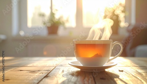 Steaming Hot Tea in a White Cup on a Wooden Table with Warm Morning Sunlight Streaming Through a Window