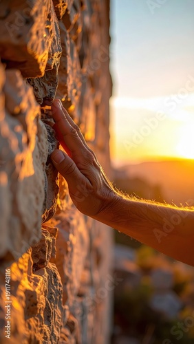 Close Up Of A Hand Touching A Textured Stone Wall During Golden Hour Sunset With Blurred Distant Landscape Background