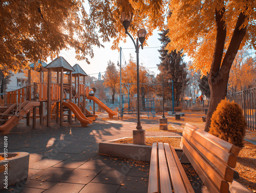 AI generator images of playground with slides and wooden benches for relaxation, typical of a public park. outdoor playground located in a park, offering a tranquil atmosphere reminiscent of childhood