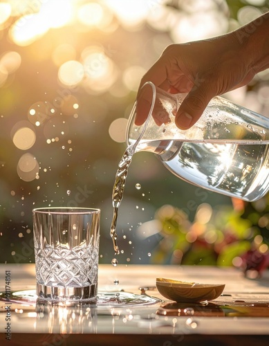 Hand Pouring Clear Water From Glass Pitcher Into Ornate Tumbler With Splashing Droplets In Golden Hour Sunlight Outdoor Setting With Bokeh Background