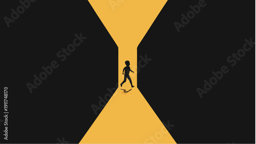 Person walking alone on yellow path with choices ahead