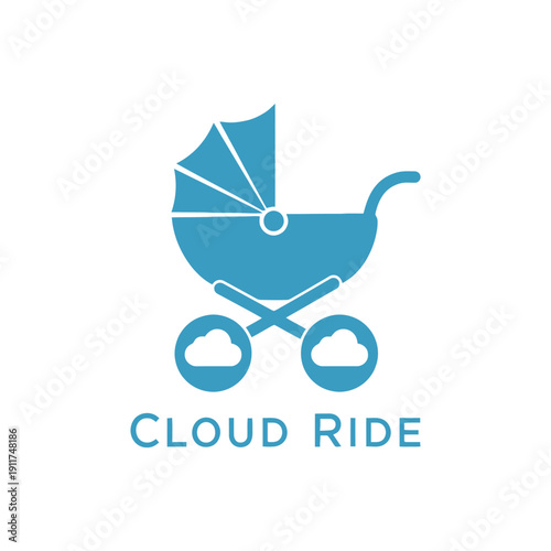 Modern baby stroller with cloud wheels icon design for infant care branding or childcare service logo of a company named Cloud Ride