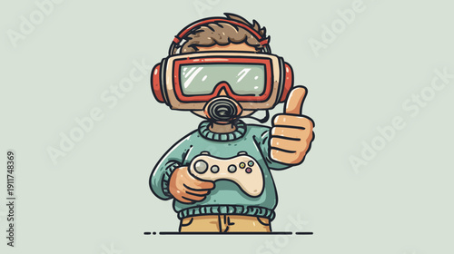 Cartoon character wearing a VR headset, headphones, and holding a controller, giving a thumbs up