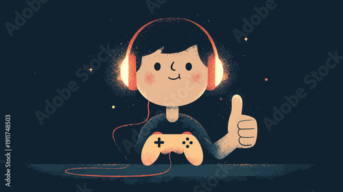 A cartoon gamer, wearing headphones and holding a controller, gives a thumbs up in a starry night scene