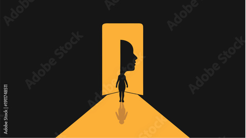 Person stepping into doorway of opportunity with shadowy figure
