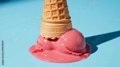Sweet pink berry flavored ice cream melting from a crispy waffle cone on vibrant blue background