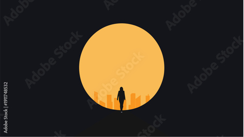 Silhouette of person standing in front of vibrant orange sunset over city skyline