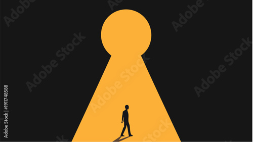 Person stepping into bright opportunity with keyhole spotlight