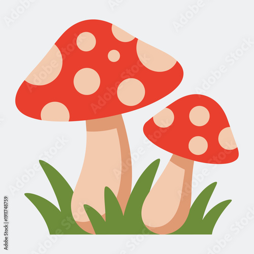 Vibrant cartoon mushrooms growing in lush green grass