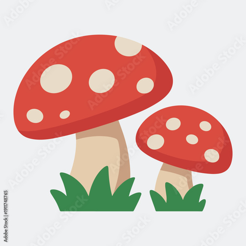 Vibrant cartoon mushrooms with red caps and white spots in lush green grass