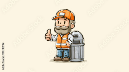A cartoon character wearing a cap and vest, thumbs up next to a trash can