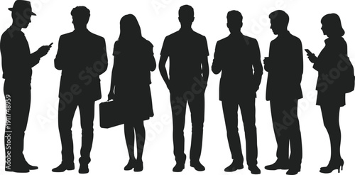 Business people silhouettes standing together, corporate team with smartphones and briefcase isolated on white background