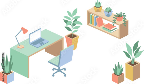 Modern Office Workspace with Furniture and Plants.