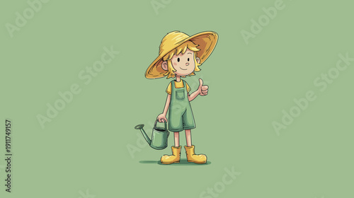 A cartoon gardener with a watering can, hat, overalls, and thumbs up on a green backdrop