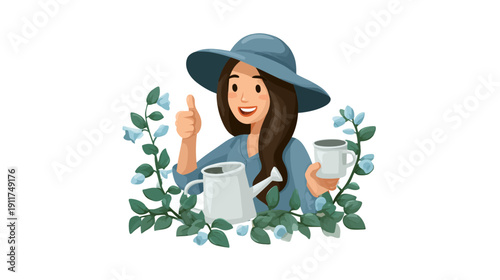 Illustration of a woman in hat, holding watering can and coffee cup amidst blue flowers
