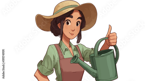 A smiling woman with a hat and a watering can giving a thumbs up