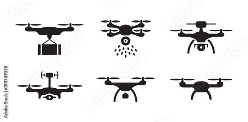 Drone vector icon set agriculture delivery photography and surveillance unmanned aircraft symbol