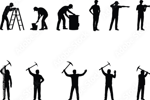 Construction worker silhouettes set, builders with tools ladder bucket and pickaxe in different poses isolated on white background