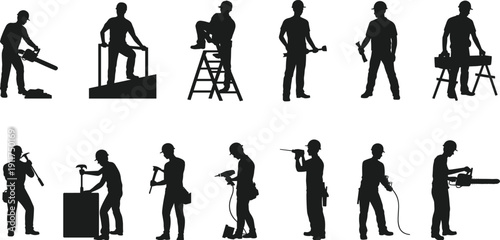 Construction worker silhouettes using chainsaw, drill and hammer isolated on white background, professional builder activity set