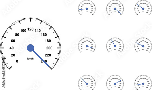Automotive speedometer vector set, car dashboard gauge icons with blue needles, 10 speed measurement elements for transport and performance UI design
