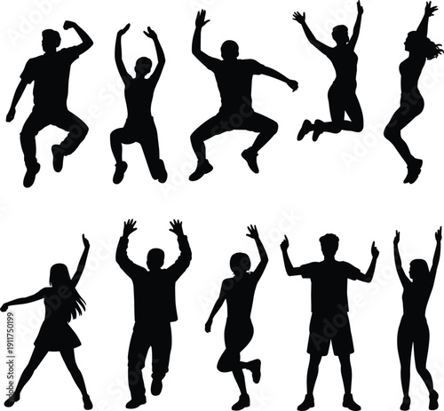 Happy people jumping silhouette vector set, showing celebration, success, freedom, joy and active lifestyle movement concept