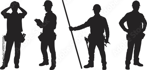 Construction worker silhouettes with equipment and survey pole isolated on white background