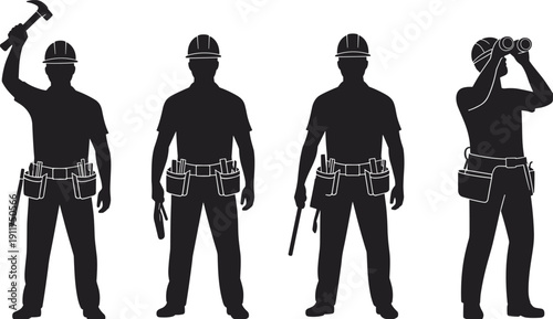 Construction worker silhouettes with tools including hammer, pliers, wrench and surveyor binoculars isolated on white background