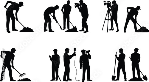Construction workers and media crew silhouettes digging, raking and filming on site, professional labor team isolated vector set