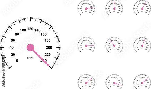 Automotive speedometer icon set with pink needles, car dashboard gauges showing different speed levels, 10 vector elements for transport UI design