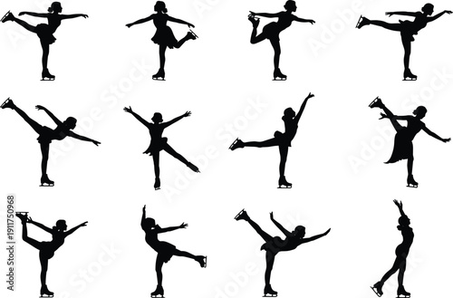 Figure skating silhouette set, female ice skater performing elegant spins and poses isolated on white background collection