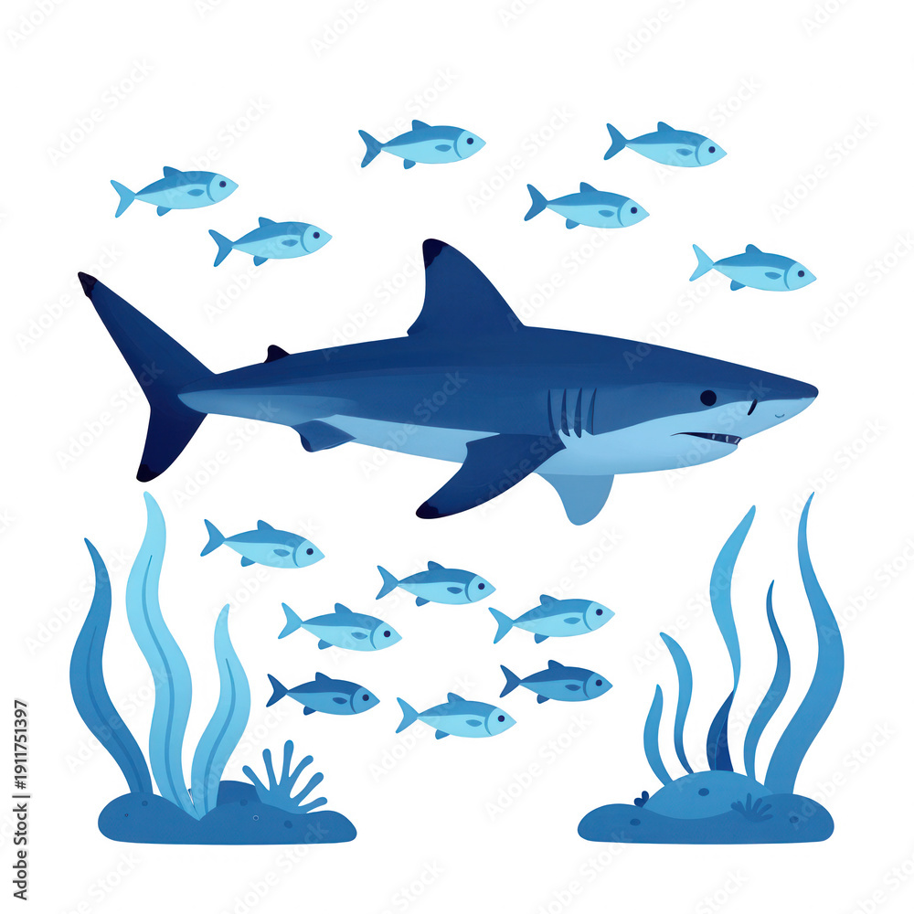 Fototapeta premium Blue Shark Swimming With Small Fish And Seaweed